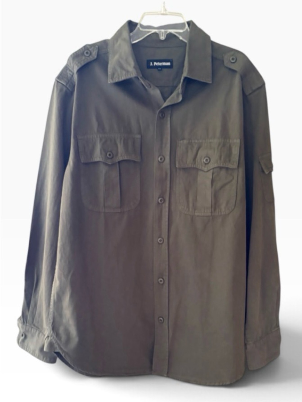 J. Peterman Men's Olive Green Military-Style Button-Up Shirt Jacket Size XL